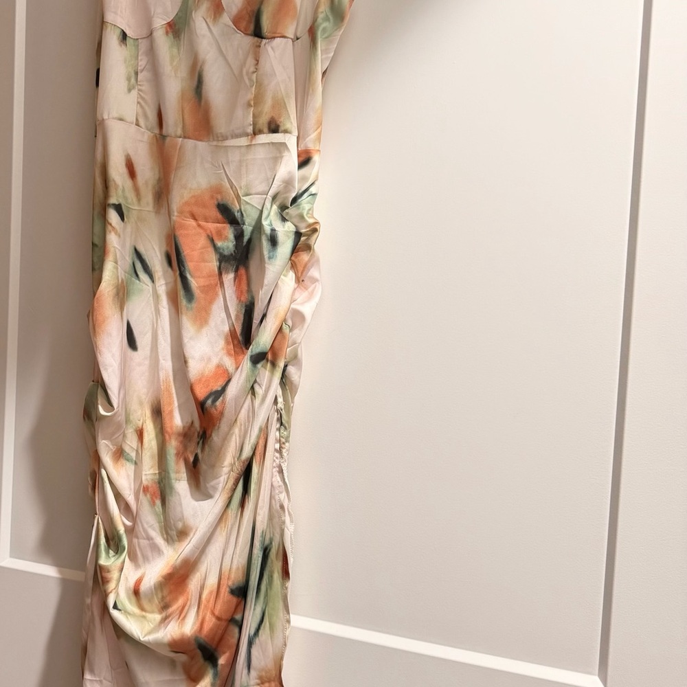 Satin Abstract Print Ruched Midi Dress Size M